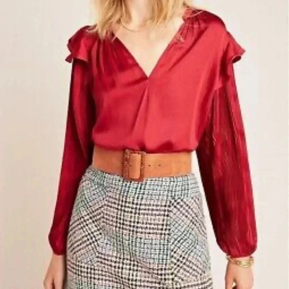 Anthropologie Dolan Left Coast Sloan Blouse in Wine Red Pleated Ruffle Shirt S